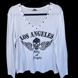 Allen B City of Angels Top Women Extra Large XL Skull Angel Wings Studded V-neck